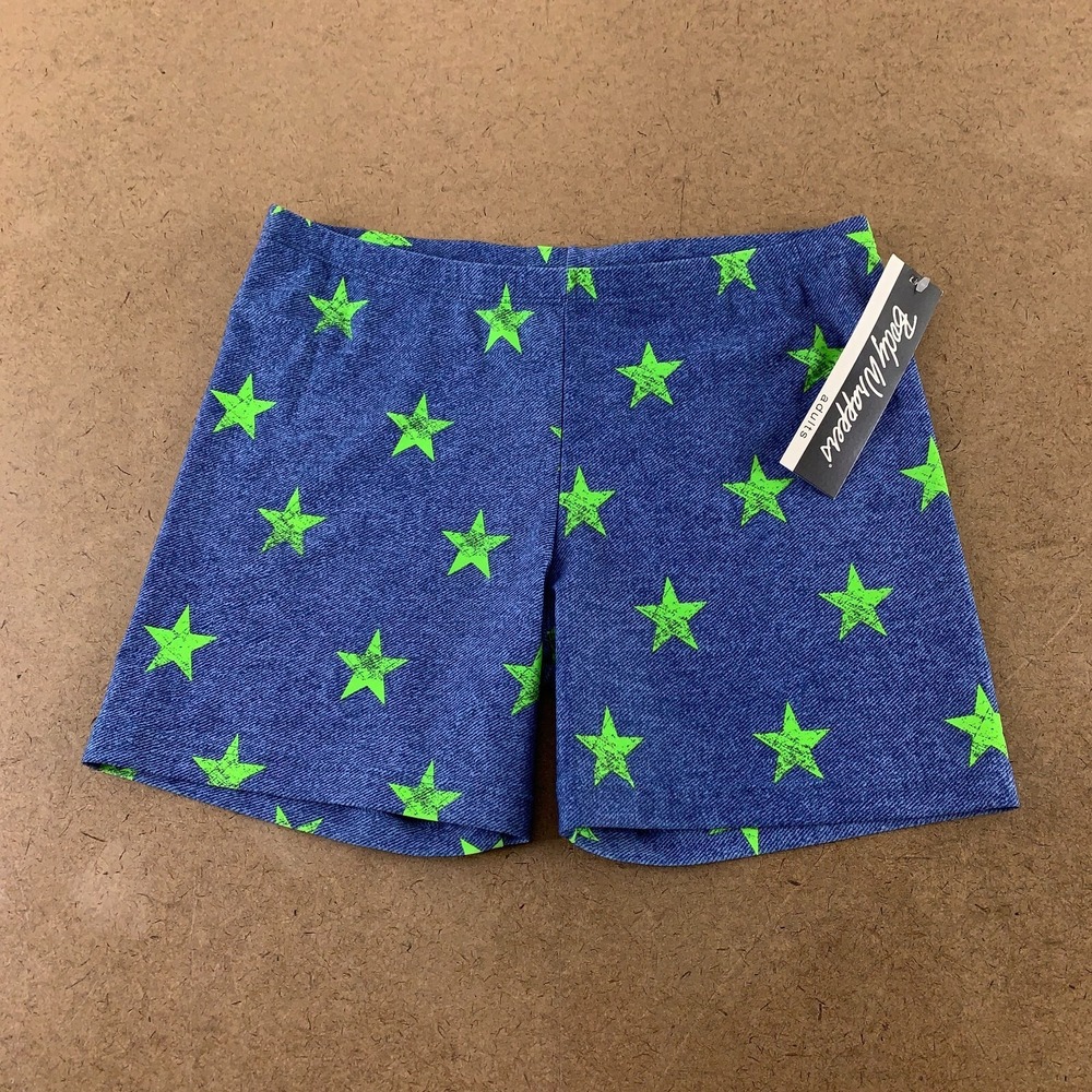 Body Wrappers Adult Medium Blue Green Star Printed Denim Look Dance Short NWT